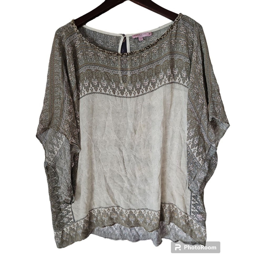 CALYPSO ST BARTH Green Round Neck Sheer Silk Embellish Gold Metal Tunic Size M‎